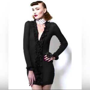 Anne Fontaine Black Wool Ruffle Long Sleeve Dress/ Long Cardigan Sz-42.